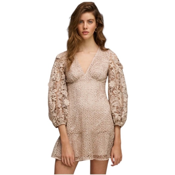 NEW - FRENCH CONNECTION Nude Caballo Sequin Lace Puff Sleeve Mini Dress size 6 - Picture 5 of 13